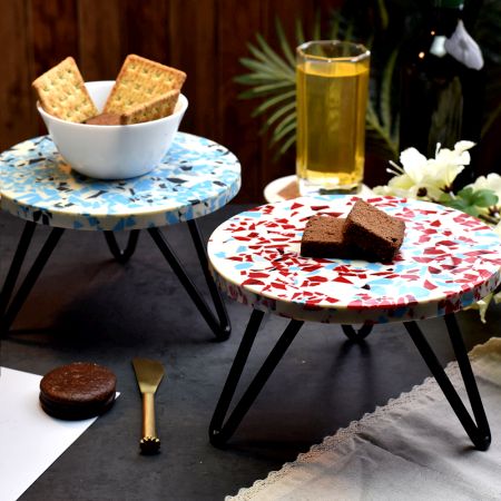 Turquoise and Red Terrazzo Wood and Resin Cake Stand for Dessert, Fruit and Planter